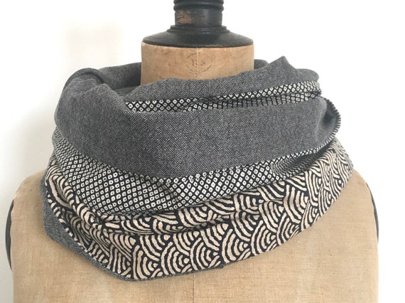 Snood homme Écharpe laine gris patchwork uni et motifs japonais