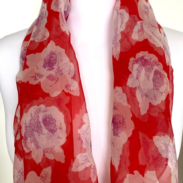 Foulard soie rouge en organza imprimé fleurs - idée cadeau noel, anniversaire amie ou fête des mères