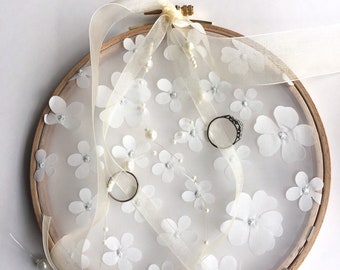 Flowers Wedding rings holder with wood embroidery drum and white organza with flowers