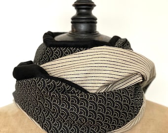 Tissus japonais noir, cotons laine, écharpe homme snood seigaiha et rayures noires, laine cotons noir beige