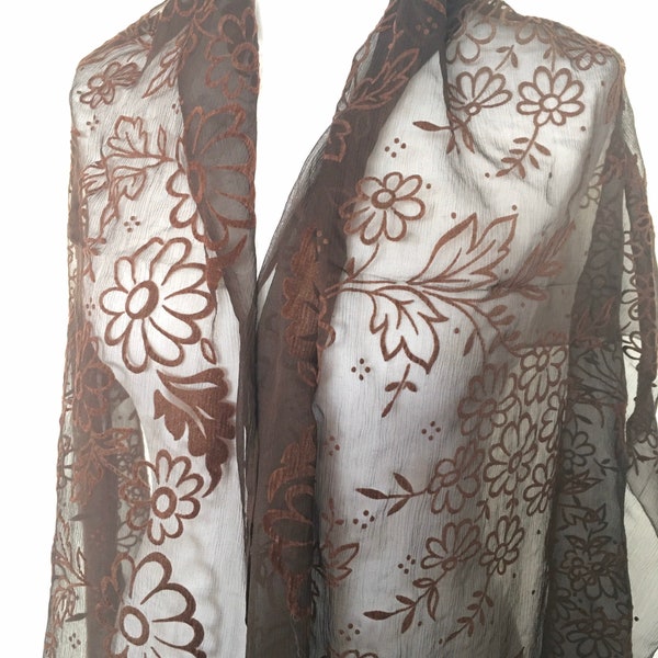 Etole mousseline soie marron transparent motifs fleurs - Longue étole soie marron foncé - étole robe de soirée, cérémonie