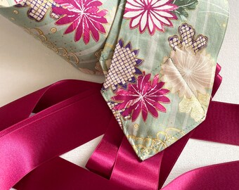 Ceinture cérémonie Obi coton japonais fleurs vert clair or fuchsia - ceinture cortège - obi japonais