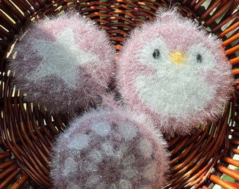 Crocheted Scrubby Sponge Light Ash Purple Assorted In Penguin, Geometry Star-Dishwash, Bathromm tile