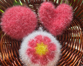 Crocheted Scrubby Dishwash Sponge in Antique Rose- Plum, Flower, Heart