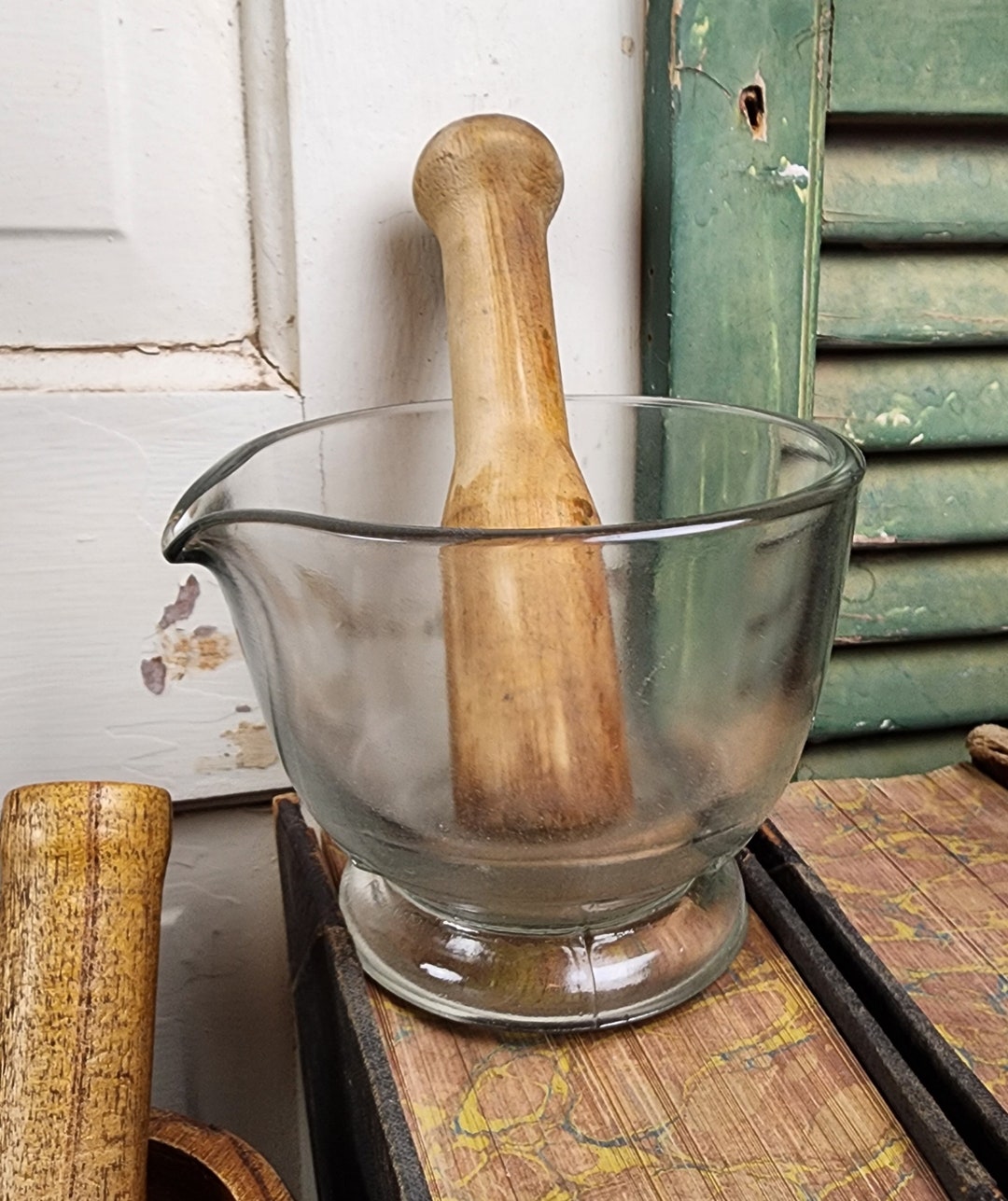 Vintage Glass Mortar and Wood Pestle Old School Retro Spice Herb