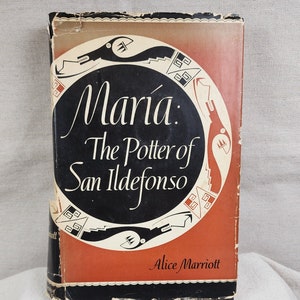May include: A vintage book cover with a black and white illustration of a stylized bird and geometric patterns. The title is "Maria: The Potter of San Ildefonso" by Alice Marriott.