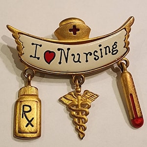 Vintage Nursing Pin Brooch with Charms