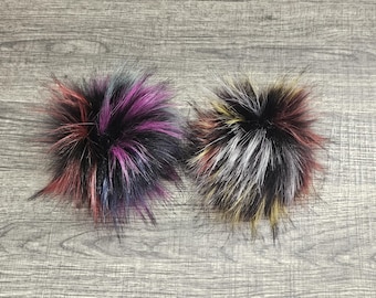 Rainbow Fireworks Faux Fur Pom Pom, Large Hat Topper, Black Tip Rainbow Beanie Pom, Crochet Hat Pom, Fluffy Handmade Pompom
