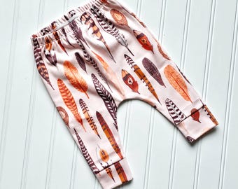 Organic Baby Girl Leggings, Fall Feather Print Baby Pants, Soft Cotton Infant Leggings, Baby Girl Clothes, 3-6 Month Baby Outfit, Baby Gift