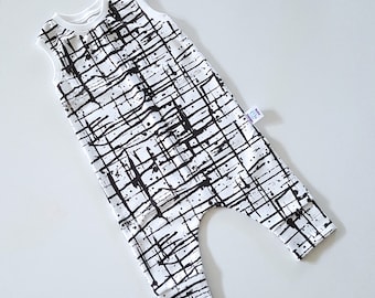 Organic Baby Romper: Black & White Ink Splatter, Unisex Cotton