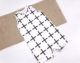 Organic Cotton Baby Romper: Black Swiss Cross Tank Romper