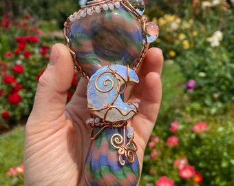 Angel Aura Opalite Moon Pipe ~ Wirewrap Glass Pipe