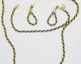 Vintage Gold-tone and Black Thread Rope Chain Necklace, Bracelet and Earrings Jewellery Set - 80's