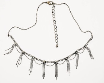 Vintage Dark Silver-tone Ball Chain Link Necklace With Faux Marcasite and Tassel Details - 90's