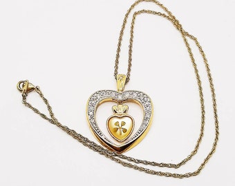 Vintage Gold-tone Heart With Diamante/Rhinestone/Paste/Glass Stone/Crystal, Love Faith Hope Luck and Lucky Clover Details on a Chain - 70's