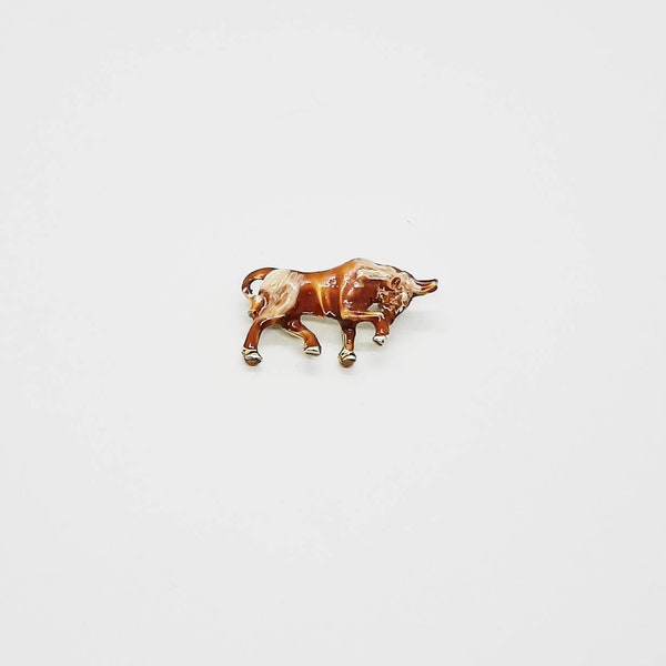 Vintage Hollywood Signed Gold-tone and Enamel Bull Brooch - 70's