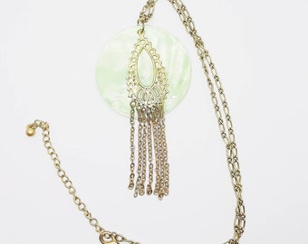 Vintage Gold-tone Filigree Pendant With Tassel Chain and Mother of Pearl/Abalone/Ormer/Paua Shell Details On Chain - 90's
