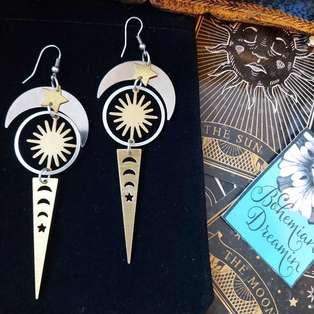 Orecchini E Collana Sole E Luna In Argento Antico - Set Gioielli Vintage Con Pietra Di Luna Per Donna - Foto 11