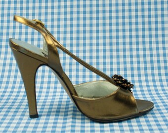 Gold Metallic Shiny Stiletto Sandals Vintage 1980s