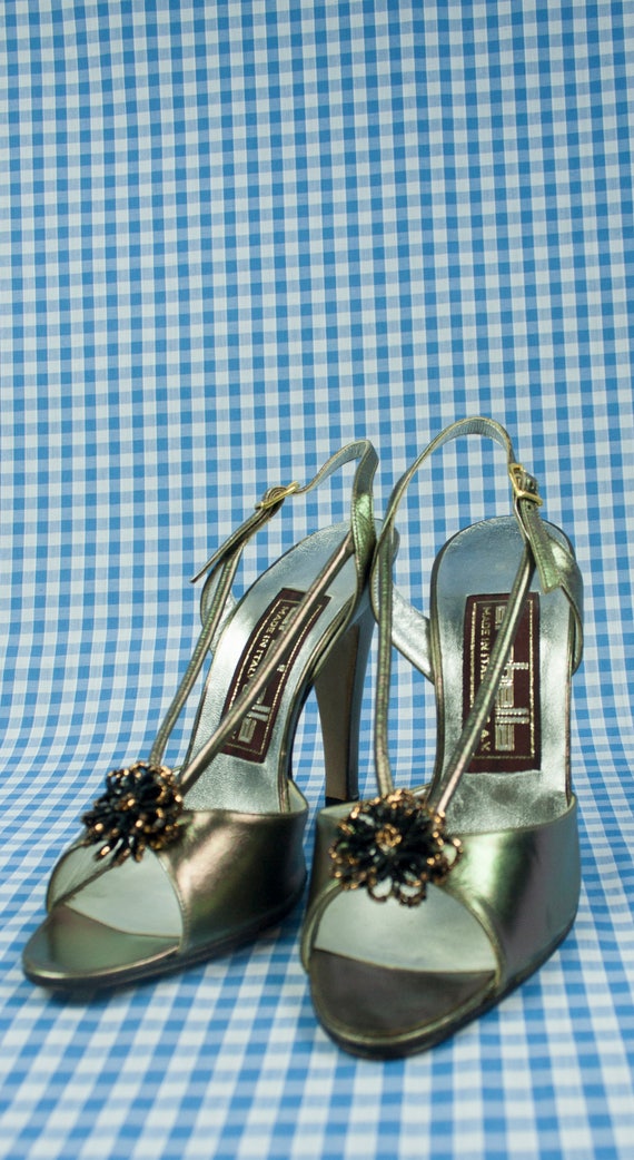 Silver Metallic Shiny Stiletto Sandals Vintage 19… - image 3