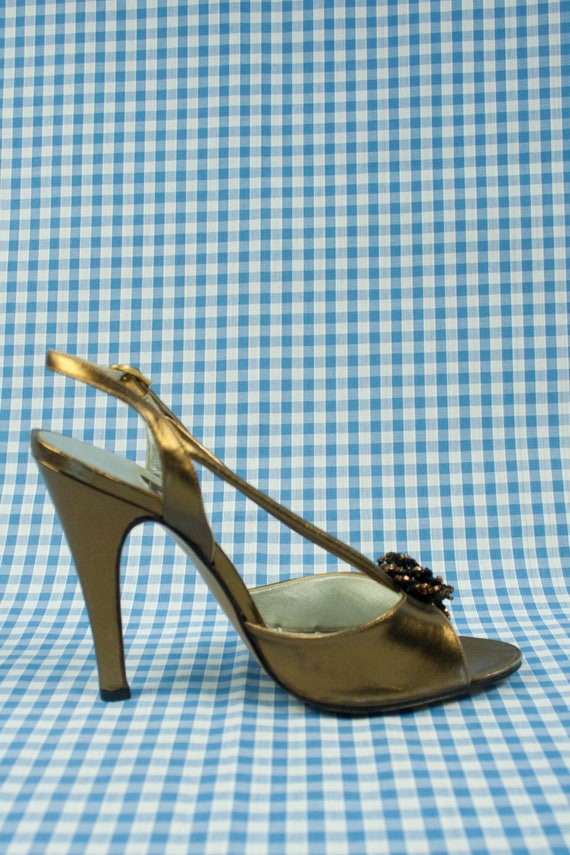 Gold Metallic Shiny Stiletto Sandals Vintage 1980s - image 1