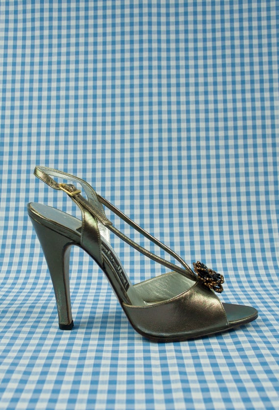 Silver Metallic Shiny Stiletto Sandals Vintage 19… - image 1