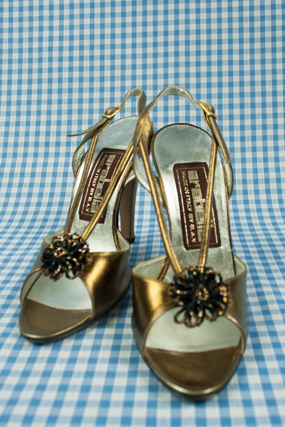 Gold Metallic Shiny Stiletto Sandals Vintage 1980s - image 2