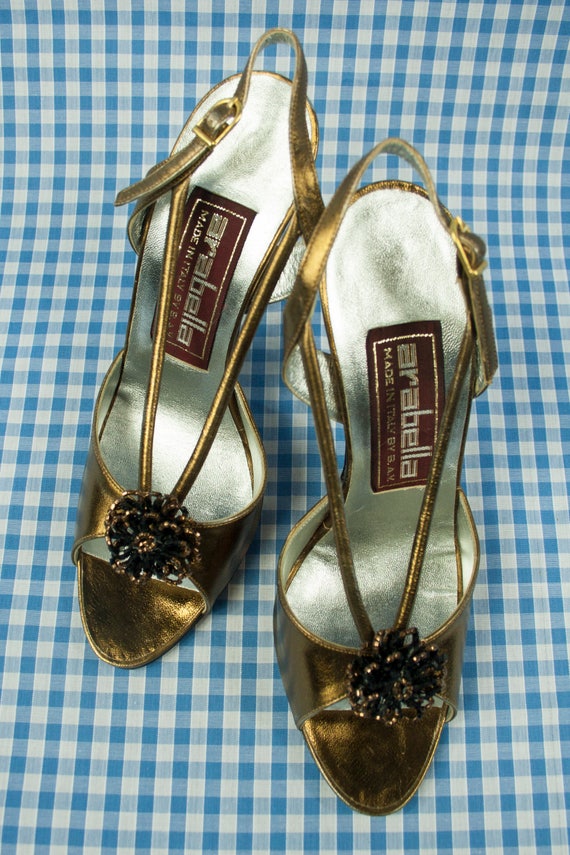 Gold Metallic Shiny Stiletto Sandals Vintage 1980s - image 3