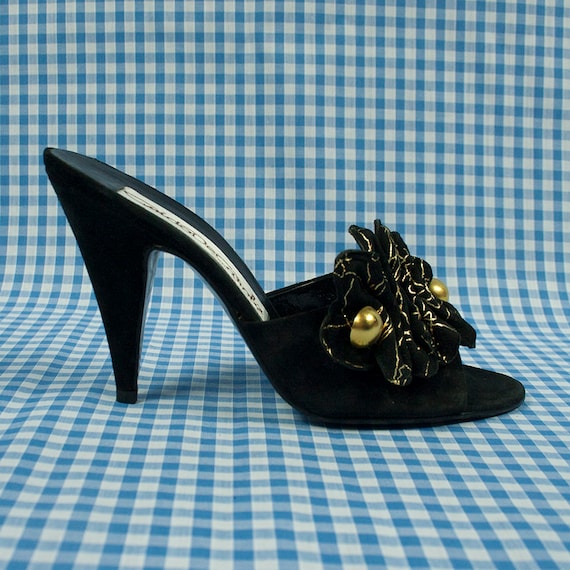 Vintage 1980s Black and Gold Suede Mules (Backless