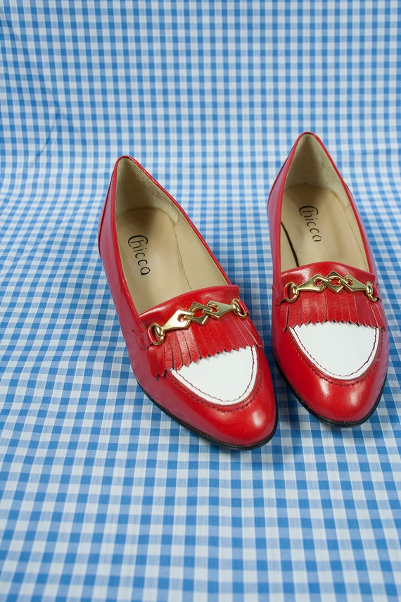 Vintage 1970s Red and White Leather Loafers - image 3