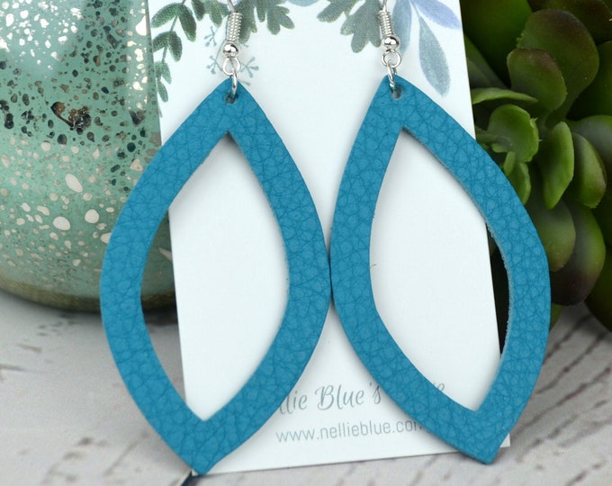 Silver Large Hollow Leaf Leather Earrings Turquoise Pebble E29