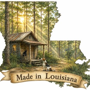 May include: A decorative wall art piece shaped like the state of Louisiana, featuring a forest scene with a wooden cabin, a black cat on a porch chair, and a brown and white dog. A tan banner at the bottom displays the text Made in Louisiana.