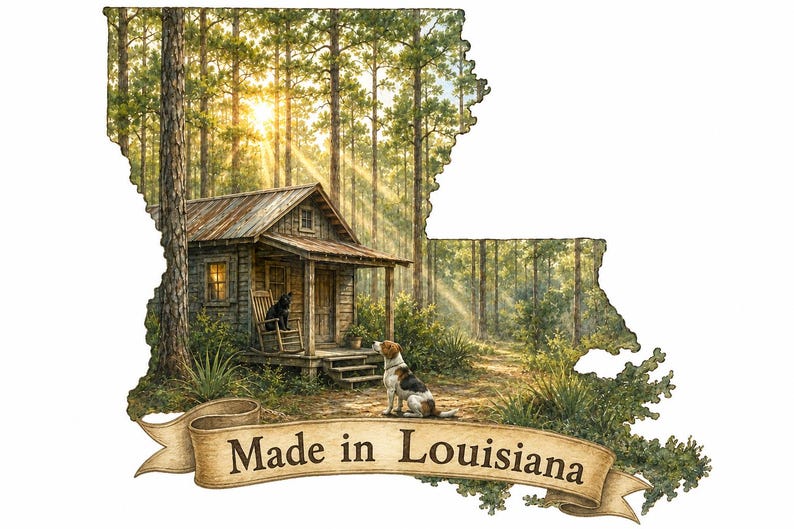 May include: A decorative wall art piece shaped like the state of Louisiana, featuring a forest scene with a wooden cabin, a black cat on a porch chair, and a brown and white dog. A tan banner at the bottom displays the text Made in Louisiana.