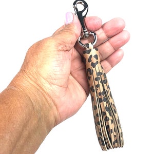 LEOPARD PRINT 4.25" Single Leather Tassel on Nickle Clip T252 // Bag Charm // Key Fob (Ready to Ship)