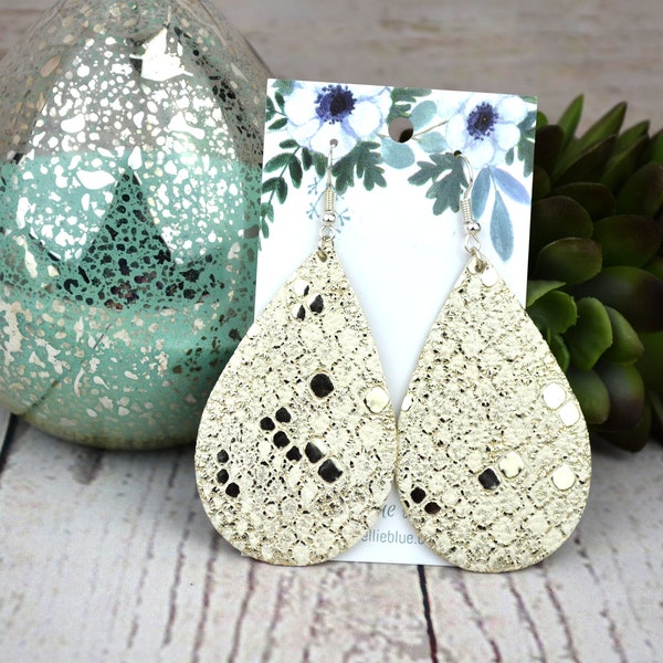 Leather Earrings - Large Teardrop in Cream & Silver Snake Embossed / Large Pattern (Stainless Steel) E216