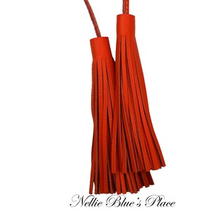 May include: Two vibrant orange leather tassels hanging from thin matching cords. Each tassel features a cylindrical top cap with long, slender, fringed strips extending downward. The text "Nellie Blue's Place" is printed in black at the bottom.