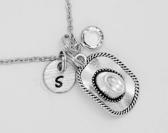 Cowboy Hat Necklace With Hand Stamped Initial Disc, Birthstone - Personalized Cowgirl Gift