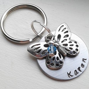 Butterfly Keychain Hand Stamped With Name and Birthstone - Personalized Butterfly Keychain - Custom - Christmas Gift - Bridesmaid