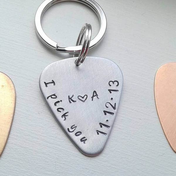 Personalized Hand Stamped Aluminum Bronze Stainless Steel or Copper Guitar Pick Keychain I Pick You, Initials, Date & Heart Anniversary Gift