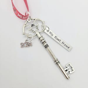 My First Home or Apartment 2025 Personalized Hand Stamped Our New House Christmas Ornament With Skeleton Key Charm