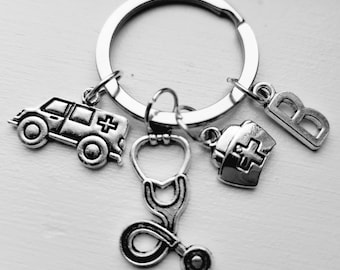 Paramedic Keychain With Initial, Stethoscope, Medical Bag and Ambulance Charm - Personalized Paramedic Key Chain - Nurse Keychain - Doctor