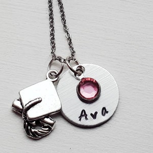 Graduation Necklace With Hand Stamped Name and Birthstone - Personalized Jewelry - Grad Gift - Custom
