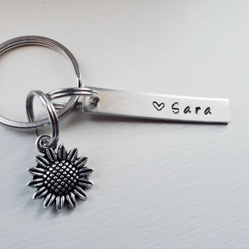 Sunflower Keychain With Initial Charm Personalized Flower Etsy