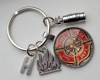 Firefighter Keychain With Initial, Fire and Extinguisher Charm - New Fireman Key Chain - Fire Department