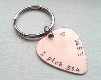 Hand Stamped Copper Guitar Pick or Guitar Pick Keychain With I Pick You, Initials & Heart - Personalized Custom Keychain - Husband Wife
