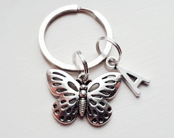 Butterfly Keychain With Initial Charm - Personalized Butterfly Key Chain