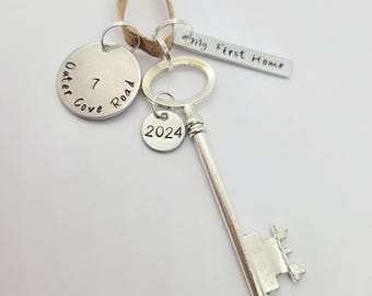 Our or My First Home 2026 Personalized Hand Stamped New House Christmas Ornament With Address and Silver of Bronze Skeleton Key Charm