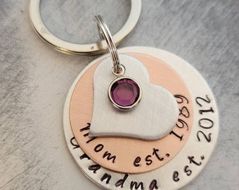 Grandma Mom Personalized Mixed Metal Keychain With Year Established, Heart and Birthstones - Mother's Day Gift - Great Grandma