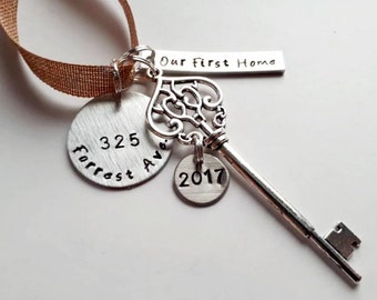 Our First Home 2024 Personalized Hand Stamped New House Christmas Ornament With Address and Skeleton Key Charm 2023