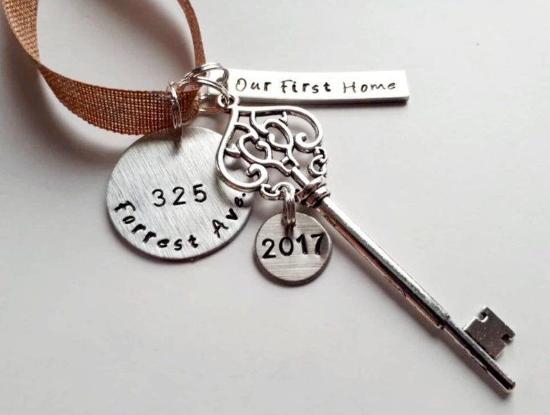 Our First Home 2024 Personalized Hand Stamped New House Christmas Ornament With Address and Skeleton Key Charm 2023 image 1